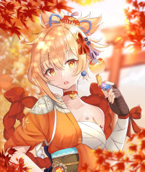 Rule 34 | 1girl, :o, absurdres, autumn leaves, bandaged arm, bandages, bandages around chest, blurry, breasts, choker, cleavage, collarbone, commentary request, depth of field, earrings, genshin impact, hair between eyes, hair ornament, hand on own hip, highres, hisuka, holding, japanese clothes, jewelry, leaf, long hair, looking at viewer, maple leaf, obi, orange eyes, orange hair, ponytail, primogem, rope, sarashi, sash, shimenawa, sidelocks, solo, tasuki, tattoo, torii, vision (genshin impact), yoimiya (genshin impact)