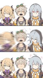 Rule 34 | &gt; &lt;, 1girl, 2boys, 3koma, antenna hair, bennett (genshin impact), blonde hair, bow, bowtie, closed eyes, collarbone, comic, eyepatch, fischl (genshin impact), genshin impact, goggles, goggles on head, green eyes, grey hair, highres, hood, hood up, multiple boys, open mouth, purple bow, purple bowtie, razor (genshin impact), red eyes, scarf, simple background, smile, two side up, upper body, wet, wet clothes, wet hair, white background, yellow scarf