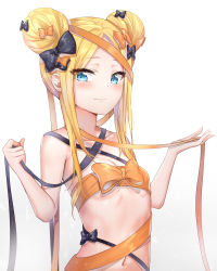 Rule 34 | 1girl, abigail williams (fate), black bow, black ribbon, blonde hair, blue eyes, blush, bow, breasts, closed mouth, collarbone, double bun, eyes visible through hair, fate/grand order, fate (series), gradient background, grey background, hair bow, hair bun, highres, holding, holding ribbon, looking at viewer, naked ribbon, navel, orange bow, orange ribbon, parted bangs, polka dot, polka dot bow, polka dot ribbon, ribbon, side bun, sidelocks, simple background, small breasts, solo, sunhyun, upper body, white background