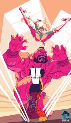 Rule 34 | 1boy, 1girl, breasts, capcom, cleavage, domino mask, flexing, hip attack, mask, midair, rainbow mika, rokovoj bereg, spread legs, street fighter, street fighter v, twintails, wrestling outfit, zangief