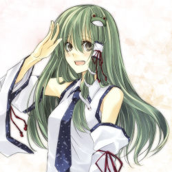 Rule 34 | 1girl, bad id, bad pixiv id, bare shoulders, detached sleeves, female focus, frog hair ornament, green eyes, green hair, hair ornament, kochiya sanae, long hair, lowres, matching hair/eyes, necktie, open mouth, salute, shiren, shiren (monochrome structure), smile, snake hair ornament, solo, touhou, upper body, wide sleeves