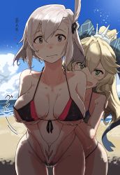 Rule 34 | 2girls, absurdres, angry, beach, bikini, blonde hair, blush, bow, cloud, collarbone, embarrassed, fang, female pubic hair, front-tie bikini top, front-tie top, grabbing, grabbing another&#039;s breast, green eyes, groping, hair bow, hair ornament, hayashi ekyuu, highres, leaning forward, looking at viewer, multiple girls, oshiro project:re, oshiro project:re, outdoors, own hands clasped, own hands together, ponytail, pubic hair, purple eyes, short hair, sky, swimsuit, translation request, water
