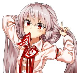 Rule 34 | 1girl, arm behind back, bad id, bad twitter id, bow, collared shirt, fujiwara no mokou, hair bow, hands up, long hair, long sleeves, looking at viewer, manarou, mouth hold, red eyes, shirt, silver hair, simple background, solo, touhou, tying hair, upper body, very long hair, white background, white shirt, wing collar