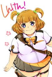 Rule 34 | 1girl, bad id, bad pixiv id, between breasts, blue eyes, blush, breasts, brown hair, copyright name, fat, female focus, flower, flower-shaped pupils, hasebe shikiri, large breasts, looking at viewer, pleated skirt, plump, school uniform, shinken!!, short hair, short twintails, simple background, skirt, smile, solo, strap between breasts, symbol-shaped pupils, thick thighs, thigh strap, thighs, twintails, white background, wide hips