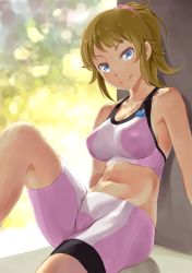 Rule 34 | 10s, 1girl, bike shorts, blue eyes, breasts, brown hair, cameltoe, cleavage, covered erect nipples, gundam, gundam build fighters, gundam build fighters try, highres, hoshino fumina, large breasts, leg up, midriff, ponytail, scrunchie, sitting, smile, solo, sports bra, thighs, wa (genryusui)