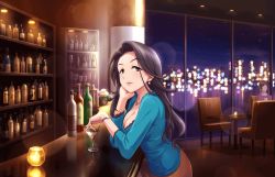 Rule 34 | 1girl, artist request, black hair, blue shirt, blurry, bottle, breasts, brown skirt, city lights, cleavage, counter, cup, depth of field, earrings, faceless, faceless female, flower, head rest, highres, idolmaster, idolmaster cinderella girls, idolmaster cinderella girls starlight stage, indoors, jewelry, lens flare, lips, long hair, medium breasts, necklace, night, official art, bar (place), purple eyes, rose, shirt, skirt, solo, takahashi reiko, very long hair, watch, window, wristwatch