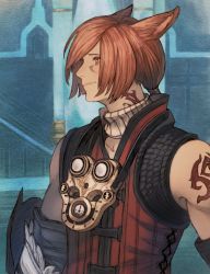 Rule 34 | 1boy, animal ears, arm tattoo, arms at sides, building, cat ears, collar, facial mark, final fantasy, final fantasy xiv, from side, g&#039;raha tia, hatching (texture), highres, jacket, looking ahead, low ponytail, maeka (kumaekake), male focus, miqo&#039;te, neck tattoo, red eyes, red hair, red jacket, short hair, short ponytail, sleeveless, sleeveless jacket, smile, solo, tattoo, upper body, vambraces, white collar