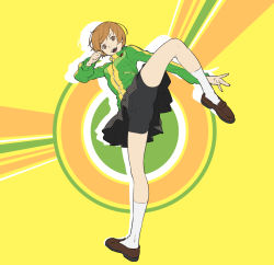 Rule 34 | 1girl, :d, atlus, badge, bike shorts, breasts, brown eyes, brown footwear, brown hair, button badge, clenched hand, green jacket, jacket, leg up, loafers, long sleeves, miniskirt, open mouth, persona, persona 4, pleated skirt, satonaka chie, sega, shoes, short hair, shorts, shorts under skirt, silhouette, sjw kazuya, skirt, small breasts, smile, socks, solo, standing, standing on one leg, swept bangs, teeth, track jacket, white socks, zipper pull tab