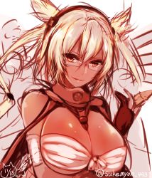Rule 34 | 10s, 1girl, blonde hair, breasts, dark skin, dark-skinned female, dated, glasses, highres, kantai collection, large breasts, musashi (kancolle), orange eyes, pointy hair, sarashi, sketch, solo, sukemyon, twintails, twitter username, two side up, upper body