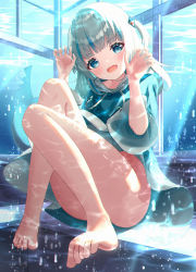 Rule 34 | 1girl, absurdres, anzu yotsuba, barefoot, blue eyes, blue hair, blue hoodie, blunt bangs, blush, commentary request, convenient leg, eyelashes, gawr gura, grey hair, hands up, highres, hololive, hololive english, hood, hoodie, indoors, knees up, legs, long hair, long legs, looking at viewer, mixed-language commentary, multicolored hair, oversized clothes, paw pose, shadow, sharp teeth, sidelocks, sitting, solo, streaked hair, teeth, thighs, toes, two side up, underwater, virtual youtuber, wide sleeves