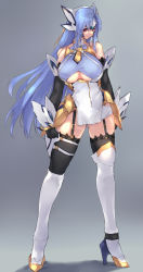 Rule 34 | 1girl, android, bare shoulders, blue hair, breasts, cleavage cutout, clothing cutout, elbow gloves, full body, garter straps, gloves, highres, huge breasts, kos-mos, kos-mos ver. 4, long hair, long legs, looking at viewer, negresco, red eyes, solo, thighhighs, very long hair, xenosaga, xenosaga episode iii