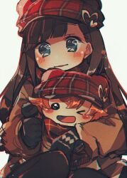 Rule 34 | &gt; o, 2girls, :d, black mittens, black pantyhose, blue eyes, blush, blush stickers, brown hair, brown jacket, cabbie hat, cha ipride, hair behind ear, hat, hat ornament, heart, heart hat ornament, highres, jacket, long bangs, long hair, long sleeves, mittens, multiple girls, one eye closed, open mouth, original, pantyhose, parted lips, plaid, plaid headwear, plaid scarf, red headwear, red scarf, scarf, sidelocks, simple background, sitting, sitting on lap, sitting on person, smile, straight hair, upper body, white background, winter clothes