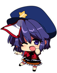 Rule 34 | 1girl, ;d, bad id, bad pixiv id, blue eyes, blue hair, blush, chibi, fang, female focus, full body, hat, jiangshi, looking at viewer, matatabi maru, matching hair/eyes, miyako yoshika, ofuda, one eye closed, open mouth, outstretched arms, short hair, skirt, smile, solo, standing, standing on one leg, star (symbol), touhou, zombie pose
