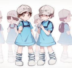 Rule 34 | &gt; &lt;, 10s, :d, backpack, bag, blue shirt, blush, boots, captain yue, character name, closed eyes, closed mouth, clothes writing, flat cap, flying sweatdrops, grey background, grey hat, hat, hataraku saibou, holding, looking at viewer, male focus, open mouth, platelet (hataraku saibou), profile, red eyes, shirt, short shorts, short sleeves, shorts, simple background, smile, standing, striped clothes, striped footwear, white footwear, white shorts, | |