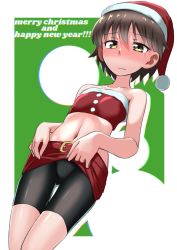 Rule 34 | 1girl, bare shoulders, belt, bike shorts, black shorts, blush, brown eyes, brown hair, christmas, closed mouth, clothes lift, coffeenougat 1985, commentary, crop top, dutch angle, embarrassed, english text, frown, fur-trimmed shirt, fur trim, girls und panzer, green background, half-closed eyes, happy new year, hat, highres, isobe noriko, lifting own clothes, looking at viewer, merry christmas, microskirt, navel, new year, red belt, red hat, red shirt, red skirt, santa hat, shirt, short hair, shorts, silhouette, skirt, skirt lift, solo, standing, strapless, strapless shirt, thigh gap