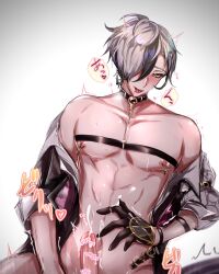 Rule 34 | 1boy, arm strap, armband, black hair, blush, censored, chest strap, choker, drooling, eye visible through hair, gloves, green eyes, grey hair, hair over one eye, heart, heart censor, highres, jacket, looking at viewer, male focus, mole, mole on chest, mole under mouth, multicolored hair, navel, nipple clamps, nu carnival, parted lips, penis, pointless censoring, rei (nu carnival), short hair, short ponytail, smile, smug, tongue, tongue out, yadome810
