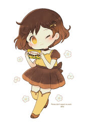 Rule 34 | 1girl, ;3, artist name, ayu (mog), blush, boots, box, bright pupils, brown choker, brown eyes, brown hair, brown skirt, brown sleeves, choker, closed mouth, commentary, commentary request, english commentary, eyelashes, flower, flower (symbol), food-themed hair ornament, full body, gradient eyes, hair behind ear, hair ornament, hairclip, hands up, highres, holding, holding box, kinoko no yama, leg up, looking at viewer, meiji (brand), mixed-language commentary, multicolored eyes, mushroom hair ornament, one eye closed, original, parted bangs, pleated skirt, puffy short sleeves, puffy sleeves, shirt, shirt tucked in, short hair, short sleeves, simple background, skirt, smile, solo, thigh boots, watermark, white background, white flower, white pupils, yellow eyes, yellow footwear, yellow shirt