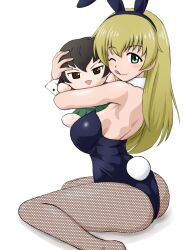 Rule 34 | 1girl, ;q, animal ears, blonde hair, blue leotard, caesar (girls und panzer), carpaccio (girls und panzer), character doll, closed mouth, collar, commentary, detached collar, doll, fake animal ears, fake tail, fishnet pantyhose, fishnets, from side, girls und panzer, green eyes, highleg, highleg leotard, highres, holding, holding doll, leotard, licking lips, long hair, looking at viewer, no shoes, one eye closed, pantyhose, playboy bunny, rabbit ears, rabbit tail, shadow, simple background, sitting, smile, solo, strapless, strapless leotard, tail, tongue, tongue out, wariza, white background, white collar, yass hero