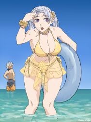 1boy 1girl asta_(black_clover) beach big_breasts bikini bikini_bottom bikini_top black_clover breasts floatie highres noelle_silva open_mouth skwd swimsuit swimwear thick_thighs thighs water