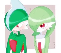 Rule 34 | 1boy, 1girl, ?, artist name, averting eyes, blue hair, blush, bob cut, border, closed mouth, colored skin, creatures (company), embarrassed, flat chest, flying sweatdrops, gallade, game freak, gardevoir, gen 3 pokemon, gen 4 pokemon, green hair, green skin, hair over one eye, hand to own mouth, hand up, happy, looking at another, looking down, looking to the side, mohawk, multicolored hair, multicolored skin, nekopanda, nervous, nintendo, one eye covered, open mouth, outside border, pokemon, pokemon (creature), purple background, red eyes, short hair, signature, simple background, smile, sweat, two-tone hair, two-tone skin, upper body, white border, white skin