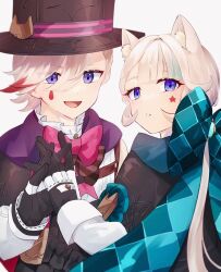 Rule 34 | 1boy, 1girl, animal ears, black gloves, blue bow, blue bowtie, bow, bowtie, cat ears, cat girl, facial mark, genshin impact, gloves, grey hair, hat, highres, lynette (genshin impact), lyney (genshin impact), nekorin chu, open mouth, purple eyes, red bow, red bowtie, short hair, siblings, simple background, star (symbol), star facial mark, teardrop facial mark, teardrop tattoo, top hat, twins, upper body, white background