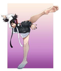 Rule 34 | 1girl, bare legs, barefoot, black hair, black nails, blunt bangs, capcom cup, collar, cosplay, eiji (eiji), feet, foot focus, foreshortening, full body, han juri, highres, hololive, hood, hoodie, kicking, multicolored hair, nail polish, ookami mio, ookami mio (casual), ookami mio (cosplay), open mouth, purple hair, red eyes, smile, solo, standing, standing on one leg, street fighter, street fighter 6, two-tone hoodie, virtual youtuber, white hoodie