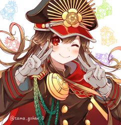 Rule 34 | 1girl, blush, cape, closed mouth, crest, facing viewer, family crest, fate/grand order, fate (series), gloves, hat, highres, long sleeves, medallion, military hat, military uniform, mini nobu (fate), oda nobunaga (fate), oda uri, one eye closed, peaked cap, portrait, red cape, red eyes, smile, solo, uniform, v, white background, yui (tamagohan)
