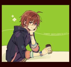 Rule 34 | 1boy, ahoge, amagase touma, bracelet, brown hair, chikamichi (suisui17c), clover, coffee, commentary, cup, happy birthday, holding, holding cup, holding head, hood, hoodie, idolmaster, idolmaster side-m, jewelry, looking at viewer, male focus, red eyes, simple background, sitting, sleeves rolled up, smile, solo, symbol-only commentary, table, watch