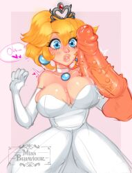 Rule 34 | 1girl, artist name, blonde hair, blue eyes, blush, bowser, breasts, cleavage, dress, gloves, heart, highres, huge penis, image sample, large breasts, long hair, looking at viewer, mario (series), md5 mismatch, missbehaviour, nintendo, parted lips, penis, penis awe, pink lips, ponytail, princess, princess peach, resolution mismatch, source larger, super mario odyssey, sweat, testicles, twitter sample, uncensored, wedding dress