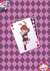 Rule 34 | 1girl, ace (playing card), ace of hearts, alice in wonderland, animal ears, boots, brown hair, bunny mint, bunny mint (cosplay), card, cat, cheshire cat (alice in wonderland), cheshire cat (cosplay), choker, closed eyes, cosplay, ghost, half-closed eyes, haramaki, hat, heart, high ponytail, jibanyan, kemonomimi mode, kodama fumika, long hair, looking at viewer, mad hatter (alice in wonderland), mad hatter (alice in wonderland) (cosplay), midriff, mochi-iri kinchaku, navel, notched ear, open mouth, parted lips, playing card, purple lips, rabbit ears, rabbit tail, red eyes, sharp teeth, shorts, tail, teeth, top hat, traditional youkai, twitter username, whisper (youkai watch), youkai watch