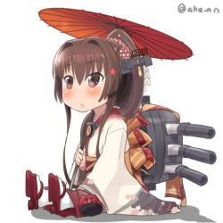 Rule 34 | 1girl, ahenn, brown eyes, brown hair, chibi, commentary request, flower, hair flower, hair ornament, headgear, holding, japanese clothes, kantai collection, kimono, long hair, lowres, machinery, oil-paper umbrella, oni, ponytail, simple background, sitting, solo, turret, twitter username, umbrella, white background, yamato (kancolle)