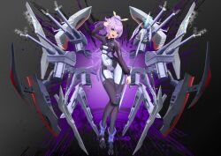 Rule 34 | 1girl, absurdres, artillery, artknight045, azur lane, bodysuit, brown bodysuit, full body, green eyes, grey background, high ponytail, highres, javelin (azur lane), long hair, long sleeves, looking at viewer, mecha musume, open mouth, polearm, purple background, purple hair, royal navy emblem (azur lane), skin tight, solo, spear, thigh gap, turret, two-tone background, weapon