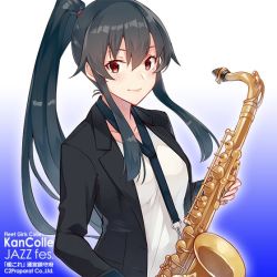 Rule 34 | 1girl, album cover, black hair, black jacket, breasts, closed mouth, collarbone, cover, hair between eyes, holding, holding instrument, instrument, jacket, kantai collection, konishi (koconatu), long hair, long sleeves, looking at viewer, medium breasts, official art, outline, red eyes, red scrunchie, saxophone, scrunchie, shirt, sidelocks, smile, solo, upper body, very long hair, white outline, white shirt, yahagi (kancolle)