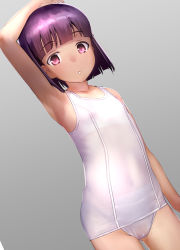 Rule 34 | 1girl, arm up, armpits, bare arms, blunt bangs, child, covered navel, flat chest, highres, looking at viewer, one-piece swimsuit, original, parted lips, ribs, sasayuki, school swimsuit, short hair, simple background, solo, swimsuit, taut clothes, taut swimsuit, tight clothes, white one-piece swimsuit