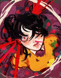 Rule 34 | 1girl, absurdres, aged down, black hair, blood, blood splatter, corsage, flower, from above, frown, hair over one eye, highres, lips, looking up, murder, nosebleed, red eyes, skull, skullgirls, solo, squigly (skullgirls), squiiiiiiiigly, twintails, wide-eyed