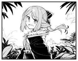 Rule 34 | 1girl, :d, animal ears, arknights, border, bow, commentary, fox ears, fur-trimmed jacket, fur trim, greyscale, hair bow, halftone, highres, jacket, long hair, monochrome, open clothes, open jacket, open mouth, perfumer (arknights), plant, shirt, sidelocks, simple background, smile, solo, symbol-only commentary, teeth, twitter username, upper body, upper teeth only, white background, yom (ymayma00ss)