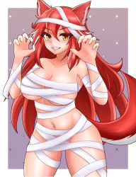 Rule 34 | 1girl, animal ears, bandages, claw pose, dashimoro, fangs, fenrir (last origin), grin, highres, last origin, long hair, looking at viewer, multicolored hair, naked bandage, navel, red hair, smile, solo, streaked hair, tail, two-tone hair, white hair, wolf ears, wolf girl, wolf tail, yellow eyes