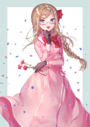 Rule 34 | 1girl, axis powers hetalia, blonde hair, bow, braid, buttons, double-breasted, dress, falling petals, flower, glasses, hair bow, hair ornament, hairclip, hand on own chin, hatake hukuro, highres, holding, holding flower, long hair, long sleeves, looking at viewer, monaco (hetalia), petals, pink dress, single braid, smile, tsurime