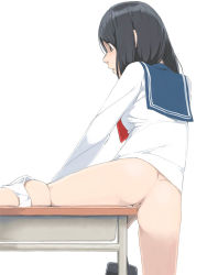 Rule 34 | 1girl, akinbo (hyouka fuyou), anus, ass, bad id, bad pixiv id, bag, black hair, bottomless, brown eyes, clothed masturbation, crotch rub, desk, dimples of venus, female masturbation, leg lift, masturbation, original, panties, panties around leg, pussy, pussy juice, school bag, school desk, school uniform, simple background, solo, table humping, uncensored, underwear, white background, white panties