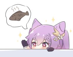 Rule 34 | 1girl, black gloves, blush, braid, chibi, commentary, cone hair bun, english commentary, fish, flower, food, genshin impact, gloves, hair between eyes, hair bun, hands up, keqing (genshin impact), kurotofu, purple hair, red eyes, short eyebrows, simple background, solo, sparkle, speech bubble, spoken food, thick eyebrows, white background, white flower