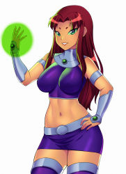 Rule 34 | 1girl, alien, arm up, armlet, belt, boots, breasts, cartoon network, collar, colored sclera, colored skin, dc comics, energy ball, green eyes, green sclera, grey belt, grin, halterneck, hand on own hip, highres, large breasts, long hair, midriff, navel, orange skin, purple footwear, purple shirt, purple skirt, red hair, shirt, skirt, smile, standing, starfire, superhero costume, teen titans, teeth, thigh boots, thighhighs, vambraces, white background, zeshgolden