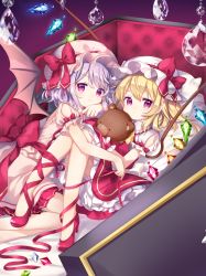 Rule 34 | 2girls, absurdres, ankle lace-up, bat wings, black wings, blonde hair, bloomers, bow, coffin, cross-laced footwear, crystal, flandre scarlet, hat, hat bow, highres, knees up, leg ribbon, light purple hair, long hair, looking at viewer, lying, mimi (mimi puru), mob cap, multiple girls, nail polish, on back, pillow, pink eyes, pink shirt, pink skirt, pointy ears, puffy short sleeves, puffy sleeves, red bow, red nails, red skirt, red vest, remilia scarlet, ribbon, shirt, shoes, short sleeves, siblings, sisters, skirt, skirt set, stuffed animal, stuffed toy, teddy bear, touhou, underwear, untied, vest, white headwear, wings