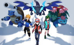 Rule 34 | 1girl, 2boys, arms behind back, bike shorts, biseibutu, black pants, black wristband, blastoise, blue oak, blue oak (sygna suit), brown hair, bucket hat, charizard, claws, closed mouth, commentary request, creatures (company), eyelashes, game freak, gen 1 pokemon, hand on own hip, hand up, hat, highres, holding, holding poke ball, jacket, knees, leaf (pokemon), leaf (sygna suit) (pokemon), long hair, long sleeves, mega blastoise, mega charizard x, mega pokemon, mega venusaur, multiple boys, nintendo, official alternate costume, orange hair, pants, poke ball, poke ball (basic), pokemon, pokemon (creature), pokemon masters ex, red (pokemon), red (sygna suit) (pokemon), shoes, sidelocks, sleeves past elbows, smile, socks, spiked hair, standing, starter pokemon trio, venusaur, zipper pull tab