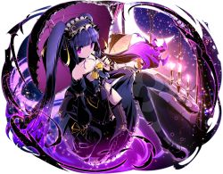 Rule 34 | 1girl, black dress, candle, detached sleeves, divine gate, dress, floating hair, frilled dress, frills, full body, highres, long hair, looking at viewer, maid headdress, pantyhose, purple hair, purple ribbon, red eyes, ribbon, simple background, sleeveless, sleeveless dress, solo, strapless, strapless dress, striped clothes, striped pantyhose, ucmm, very long hair, white background