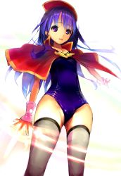 Rule 34 | 1girl, bad id, bad pixiv id, cape, fire emblem, fire emblem: the binding blade, hat, highres, lilina (fire emblem), long hair, nintendo, one-piece swimsuit, purple eyes, purple hair, simple background, solo, swimsuit, thighhighs, xyh