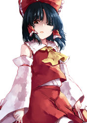 Rule 34 | 1girl, ascot, black hair, bow, deetamu, detached sleeves, frilled bow, frills, hair bow, hair tubes, hakurei reimu, highres, large bow, looking at viewer, medium hair, open mouth, red bow, red shirt, red skirt, shirt, skirt, skirt set, sleeveless, solo, touhou, white background, yellow ascot