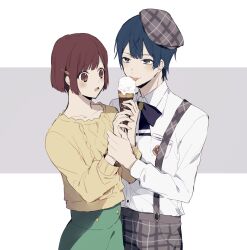 Rule 34 | 1boy, 1girl, blue eyes, blue hair, brown eyes, brown hair, dance with devils, food, grey background, highres, holding food, holding ice cream, ice cream, ice cream cone, loewen, long sleeves, multicolored background, qi7pi, short hair, suspenders, tachibana ritsuka, white background