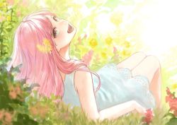 Rule 34 | 1girl, :d, absurdres, bare shoulders, blue eyes, dress, flower, grass, hair flower, hair ornament, highres, legs together, long hair, looking at viewer, looking back, open mouth, original, pink hair, reclining, romiy, sitting, smile, solo, white dress