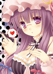 Rule 34 | 1girl, bespectacled, blush, breasts, choker, cleavage, cpu (hexivision), crescent, detached collar, dress, female focus, glasses, hat, heart, large breasts, open mouth, patchouli knowledge, pen, purple dress, purple eyes, purple hair, ribbon choker, solo, spoken heart, striped, touhou, vertical stripes