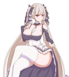 Rule 34 | 1girl, absurdly long hair, absurdres, azur lane, bare shoulders, between breasts, black dress, breasts, cleavage, clothes lift, dress, dress lift, formidable (azur lane), frilled dress, frills, gothic lolita, highres, large breasts, lolita fashion, long hair, looking at viewer, platinum blonde hair, red eyes, ribbon, simple background, sitting, solo, soranotsuno, thighhighs, thighs, twintails, two-tone dress, two-tone ribbon, very long hair, white background, white thighhighs